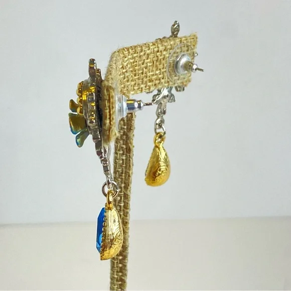 Vintage 1928 Blue Floral Drop Earrings Pink Accent Teardrop Crystal 2" - Picture 9 of 9